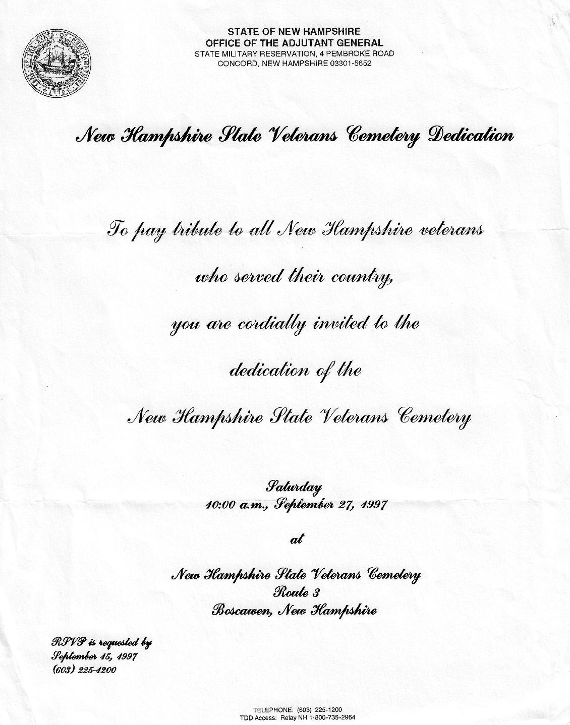 Invitation to the NH State Veterans Cemetery Dedication Ceremony September 27 1997