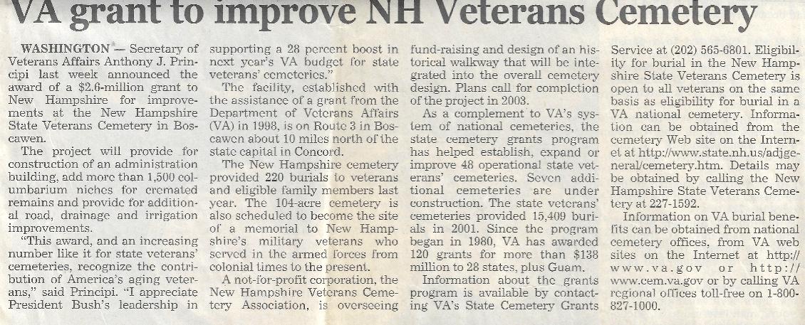 VA Grant to the NH State Veterans Cemetery 2002