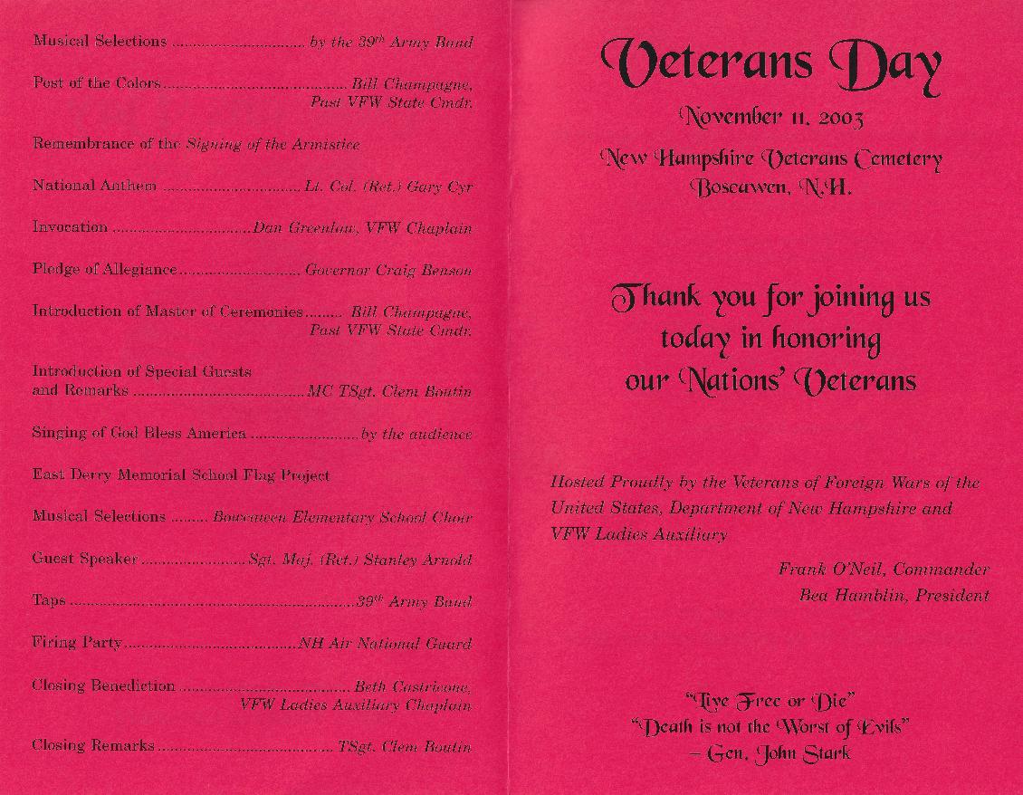 Veterans Day Program at the NH State Veterans Cemetery November 11th 2003