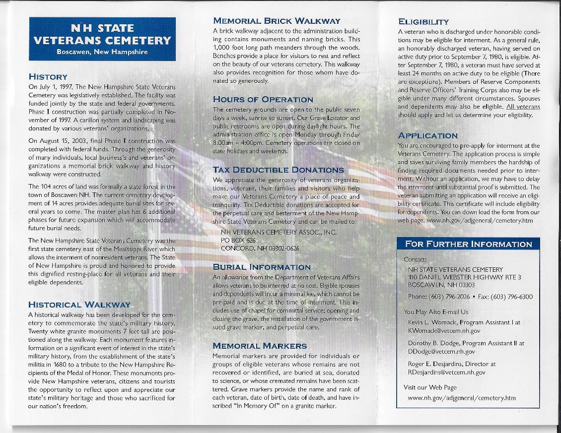 Brochure for the New Hampshire State Veterans Cemetery - 2004