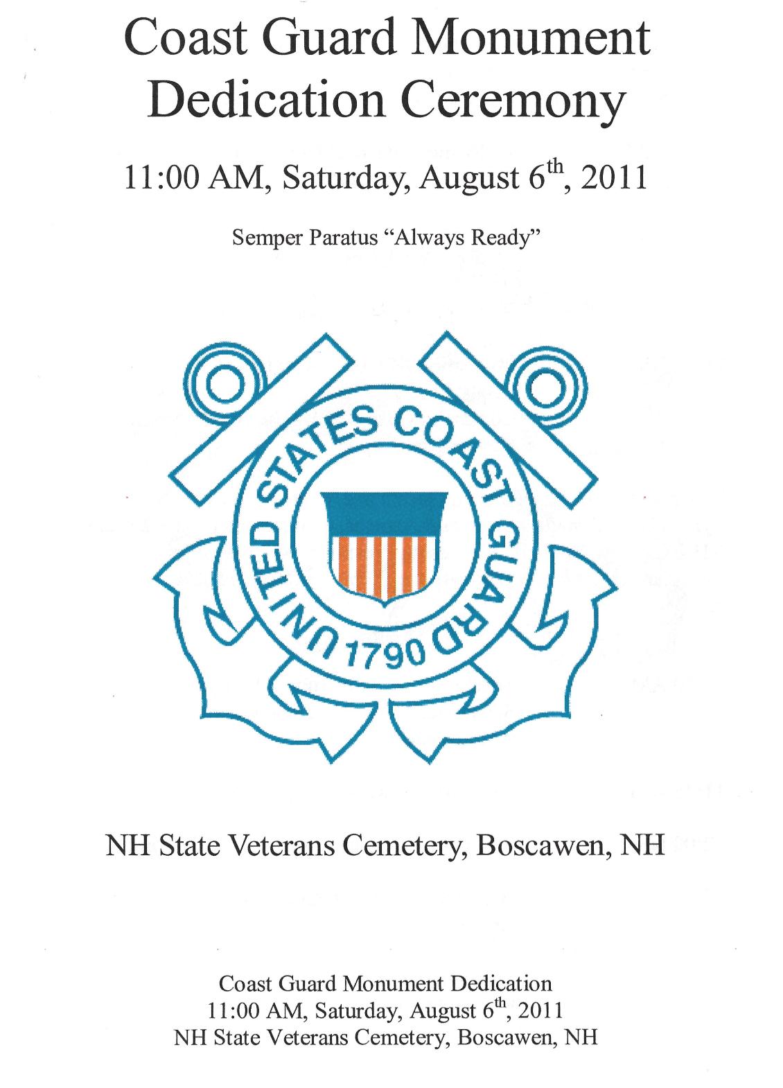 US Coast Guard Memorial dedication Nh State Veterans Cemetery August 6 2011