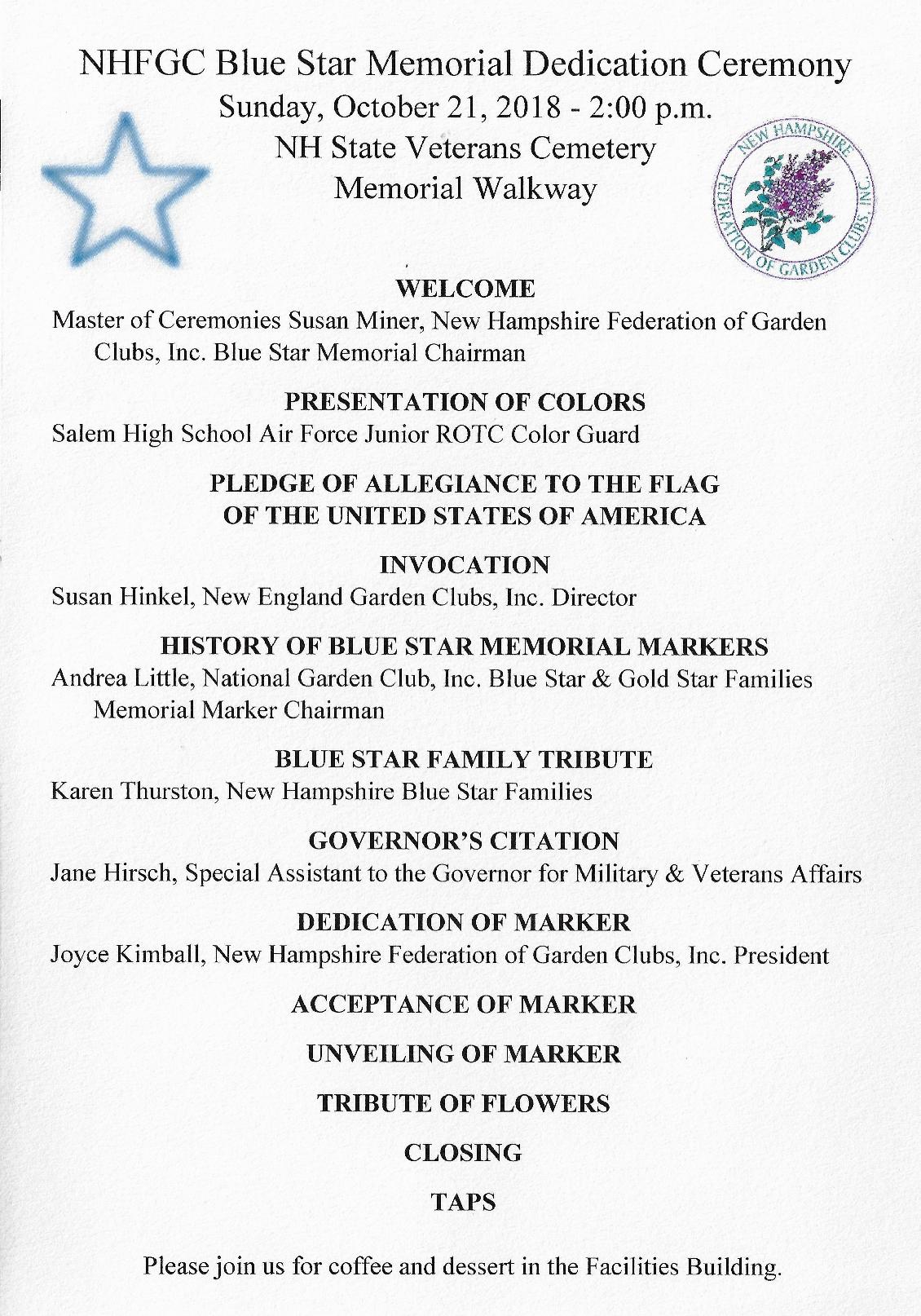 NH Blue Star Star Mothers Memorial Dedication NH State Veterans Cemetery October 21 2018