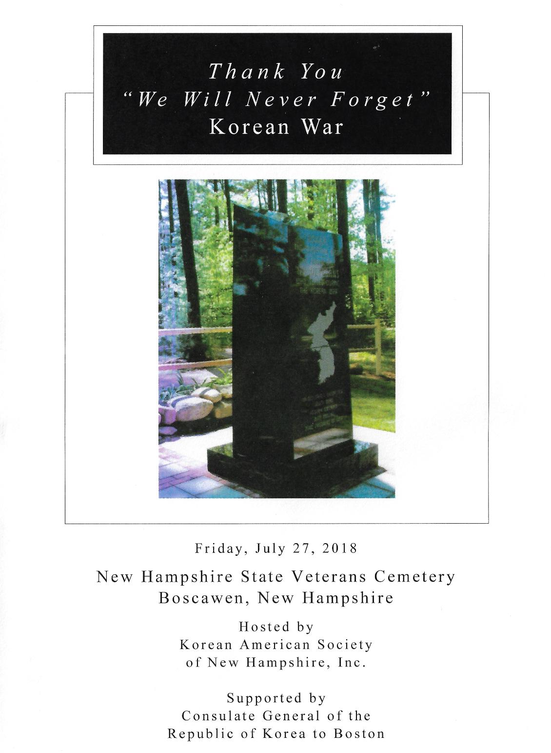 Korean War Remembrance Day NH State Veterans Cemetery July 27th 2018