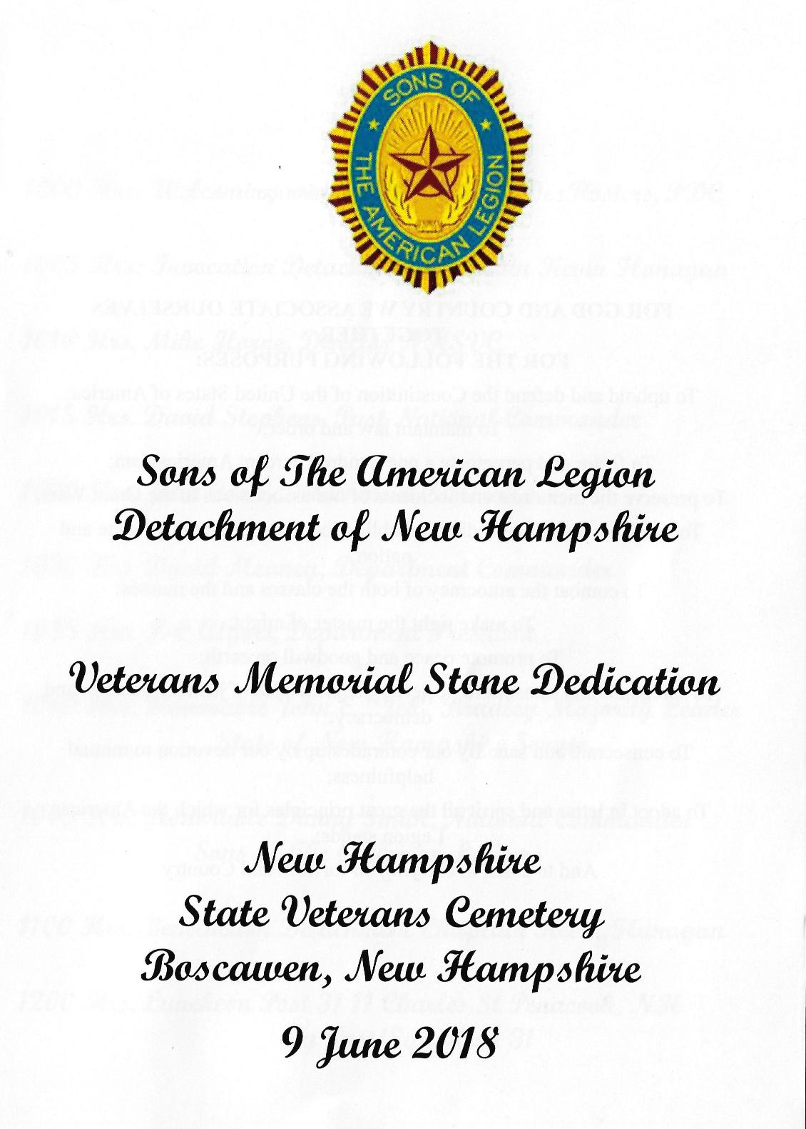 Sons of the American Legion Memorial Dedication NH State Veterans Cemetery June 9 2018