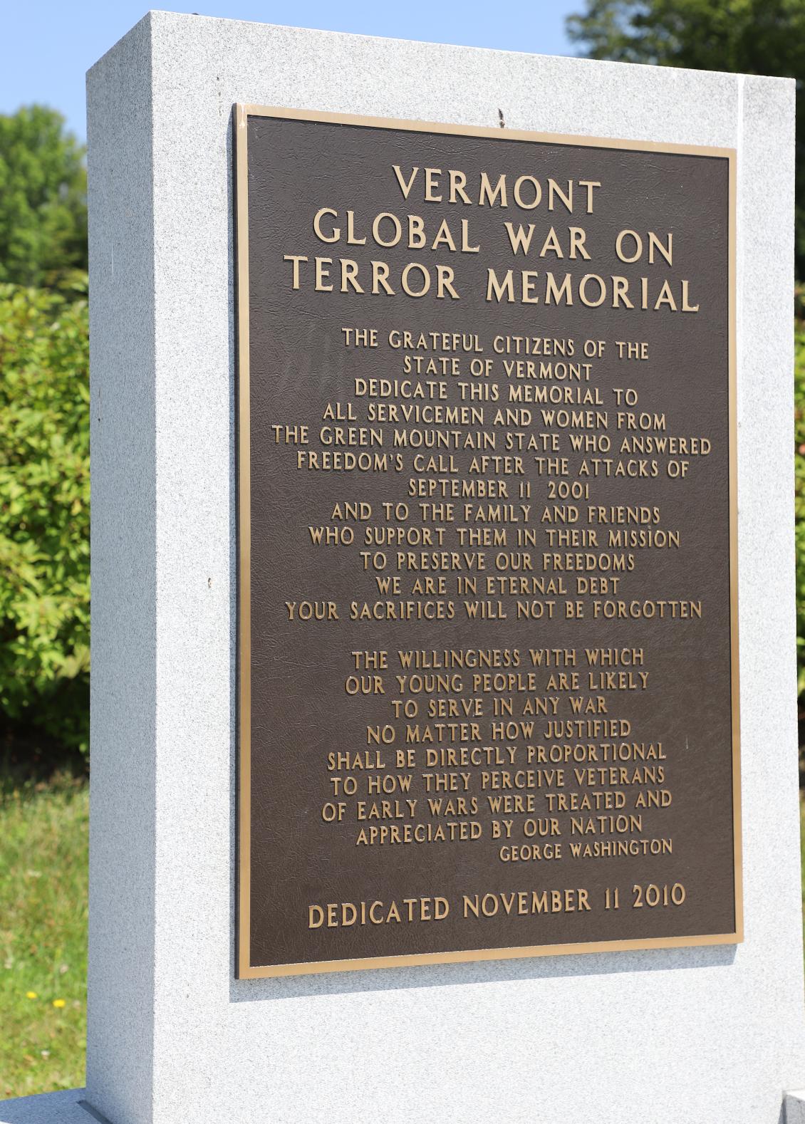 Vermont Global War on Terror Memorial Dedication Plaque