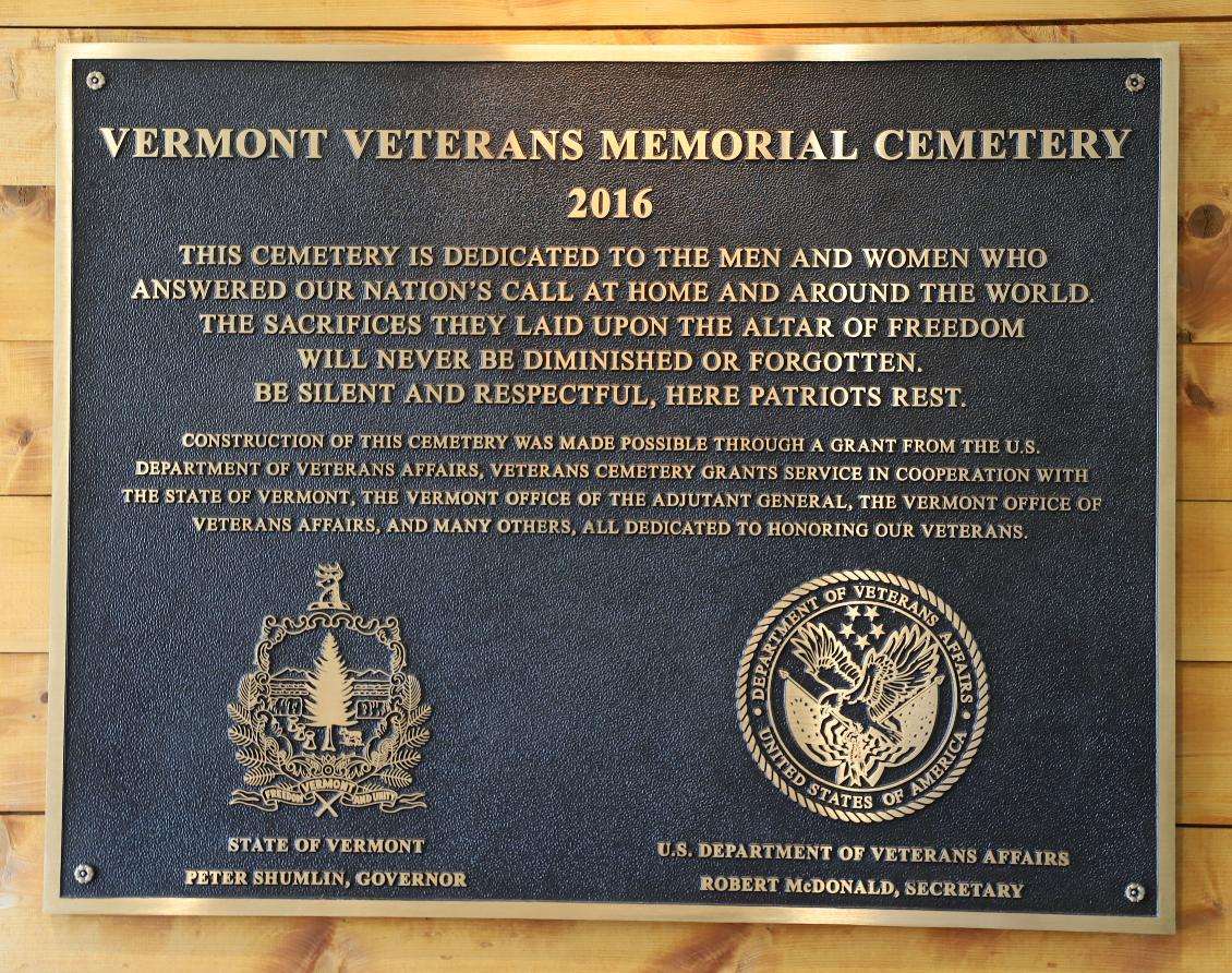 Vermont Veterans Memorial Cemetery 2016 Plaque